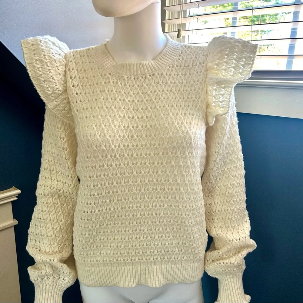 LOFT Cream Ruffle Shoulder Crewneck Knit Pull Over Sweater - Picture 3 of 12